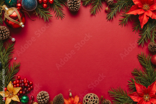Festive christmas border with ornaments and pinecones on red background