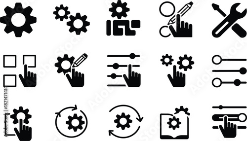 Set of Fifteen Settings Control Glyph Icons, Customization Configuration Adjustment Process Symbols, Engineering Development Optimization Tool Vector Collection