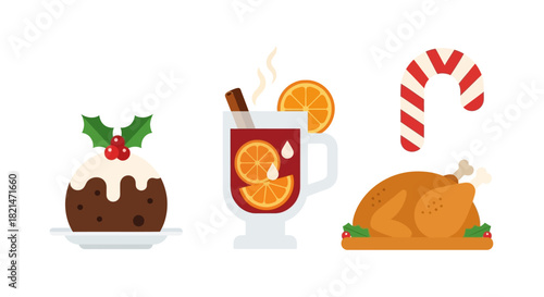 Traditional Holiday Food and Drink Icons for Christmas Celebration