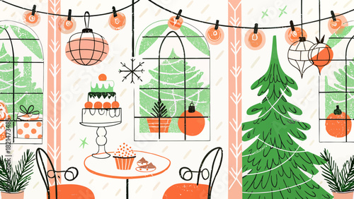 Charming Christmas holiday scene with trees, decorations, cakes and gifts in a festive dining room