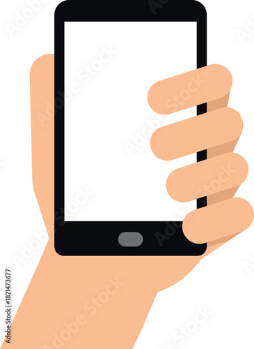 A hand holding a cell phone with a white background