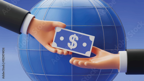 Two business hands exchanging a stylized blue dollar banknote in front of a large blue globe symbolizing global finance