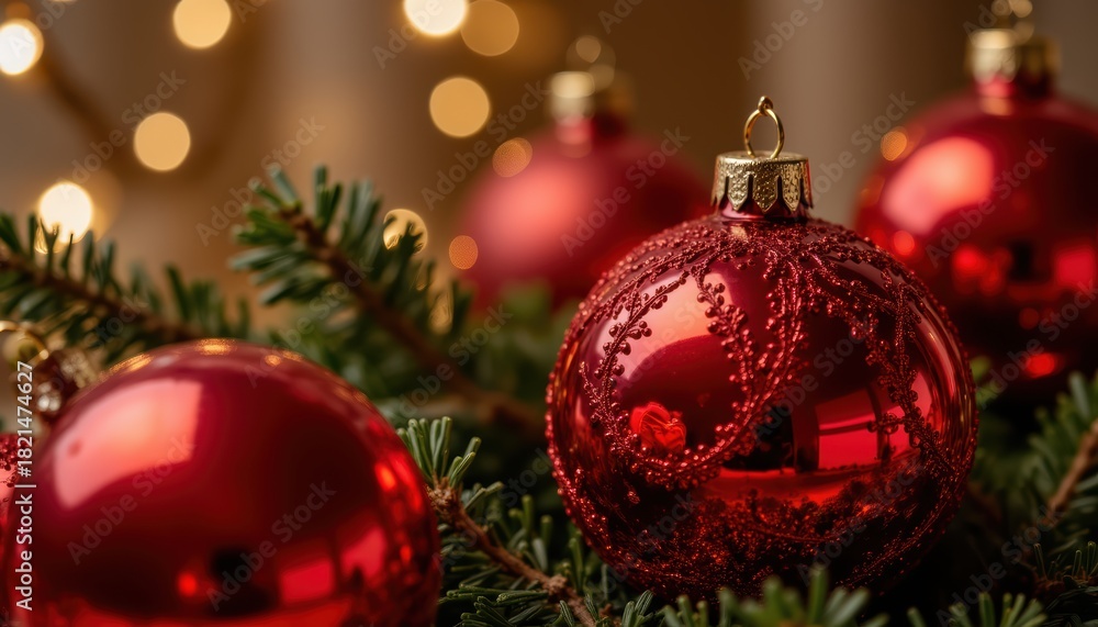 Fototapeta premium Red christmas balls on tree branch gleaming red christmas balls suspended from evergreen branch evoking warmth and festive cheer