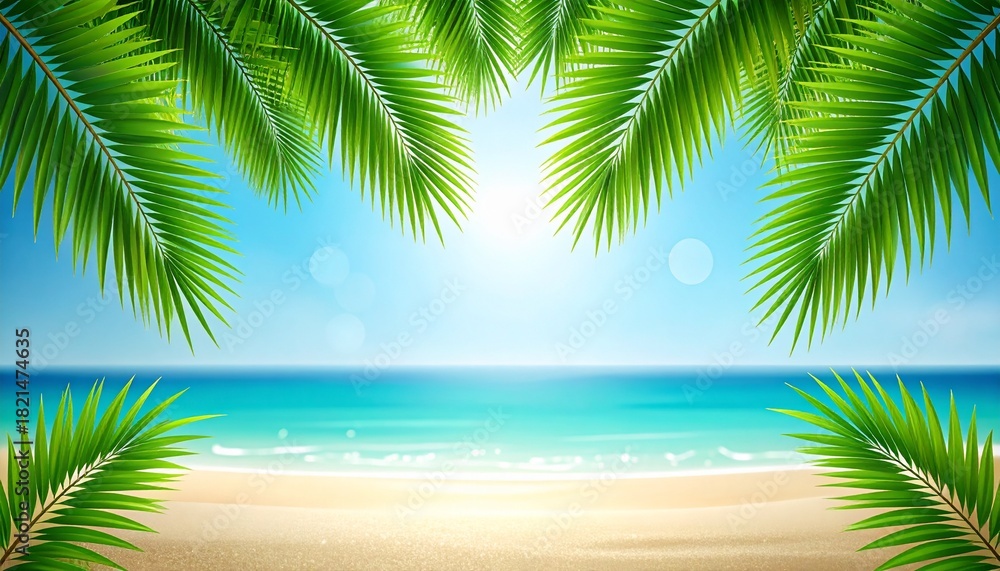 Fototapeta premium Tropical Beach Paradise Palm Trees, Sand, and Azure Sea