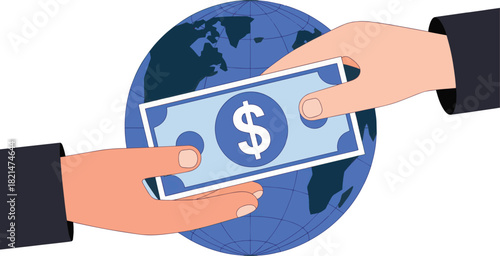Two hands exchanging a stylized dollar banknote in front of a blue globe representing global finance and transaction concept