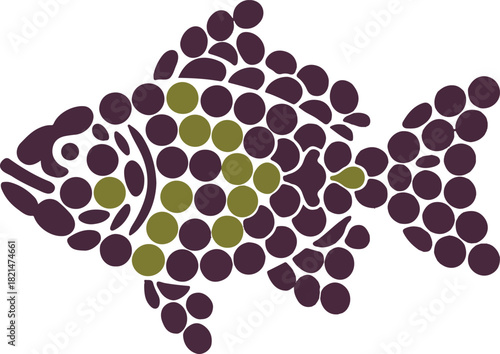 Whimsical fish illustration composed of tiny grapes on a clean white backdrop