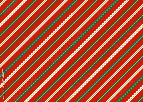ギフト包装紙風の赤・緑・金・白の斜めストライプシームレスパターン　クリスマスカラーの斜めストライプ模様の壁紙のベクターイラスト