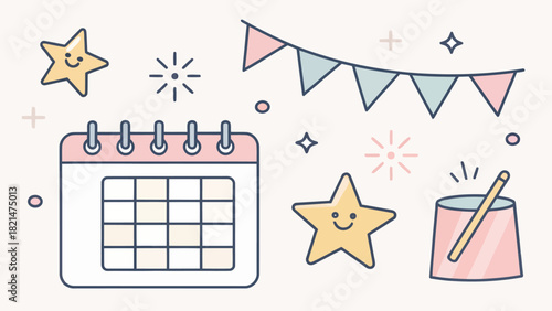 Plan your joyful holiday celebration with this charming calendar, stars, drum and festive bunting