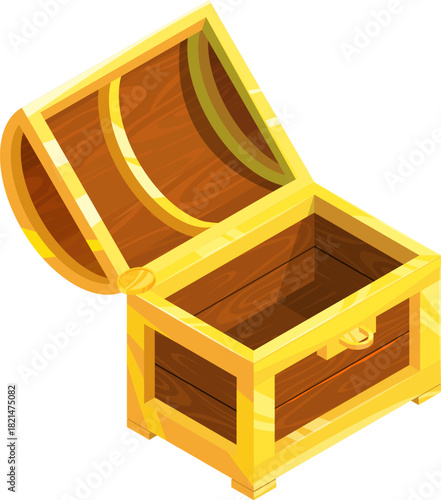 A wooden chest with a gold lid is opened