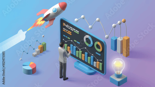3d isometric concept of business startup growth analysis with rocket launch and data visualization