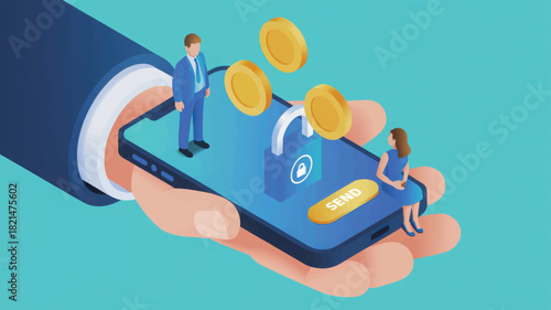 Isometric illustration of secure mobile payment transaction with unlocked padlock and falling coin on smartphone screen