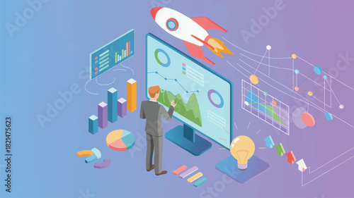 Isometric businessman analyzing business growth chart on monitor with rocket launch and lightbulb idea concept
