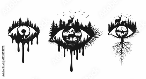 Nature Eye Vector Art with Forest and Deer Scenery Depicting Wildlife Landscape and Environmental Concepts for Graphic Design and Artistic Illustrations Showing Conservation