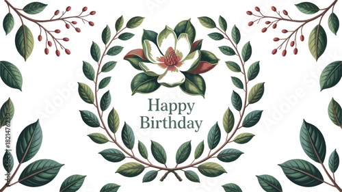 Elegant watercolor happy birthday greeting card with magnolia flower and green leaf wreath border