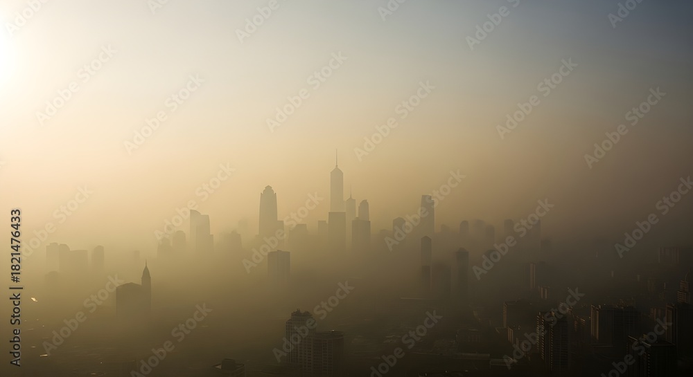 Obraz premium Fogshrouded skyline featuring silhouetted skyscrapers