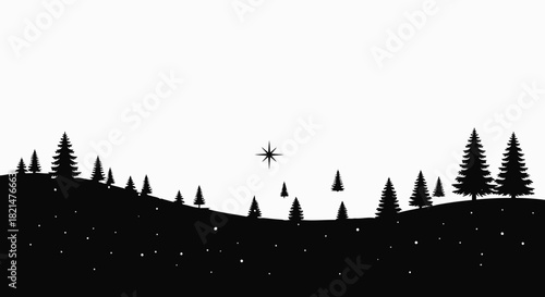Silhouette Of Forest With Coniferous Trees And Starry Sky Isolated On White Background Winter Holiday Season Nature Scenery Scene Minimalist Design With Dark Landscape And Star Light