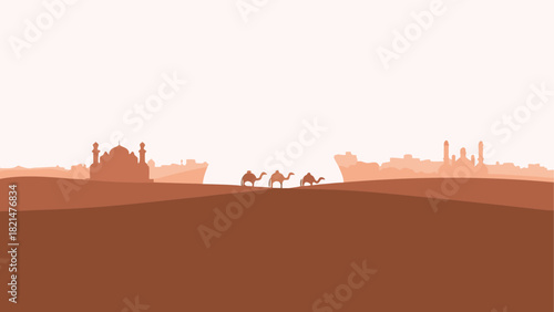 Silhouette of camels walking in the desert landscape