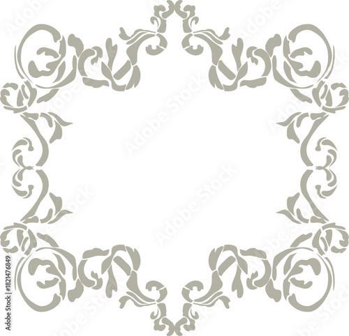 Elegant vintage floral frame with soft gray ornaments, symmetrical design, perfect for invitations.