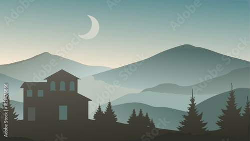 Silhouette of a house in a mountainous landscape