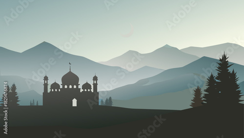 Silhouette of mosque with mountains and trees view