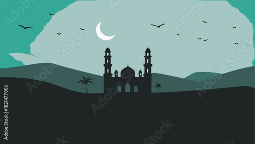 Silhouette of a mosque with a crescent moon above