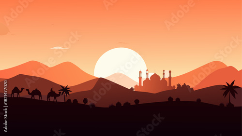 Silhouette desert landscape with camels and mosque