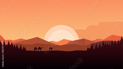 Silhouette camels sunset desert landscape minimal