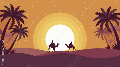 Camels silhouettes in desert with palm trees sunset
