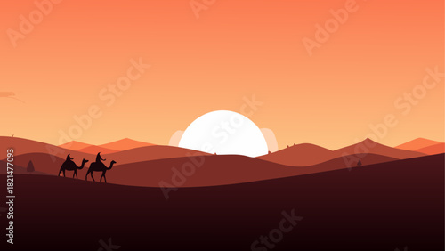 Silhouettes of camels in desert at sunset landscape