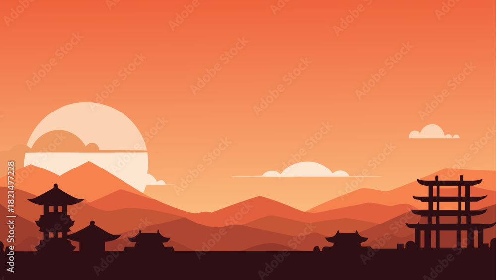 Obraz premium Silhouette landscape with mountains and buildings