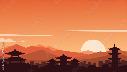 Silhouette of buildings and mountains at sunset time