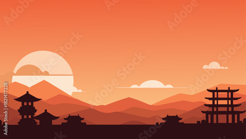 Silhouette landscape with mountains and buildings