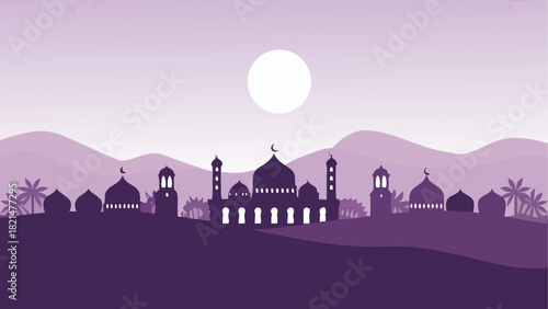 Silhouette of mosque with moon and mountain range