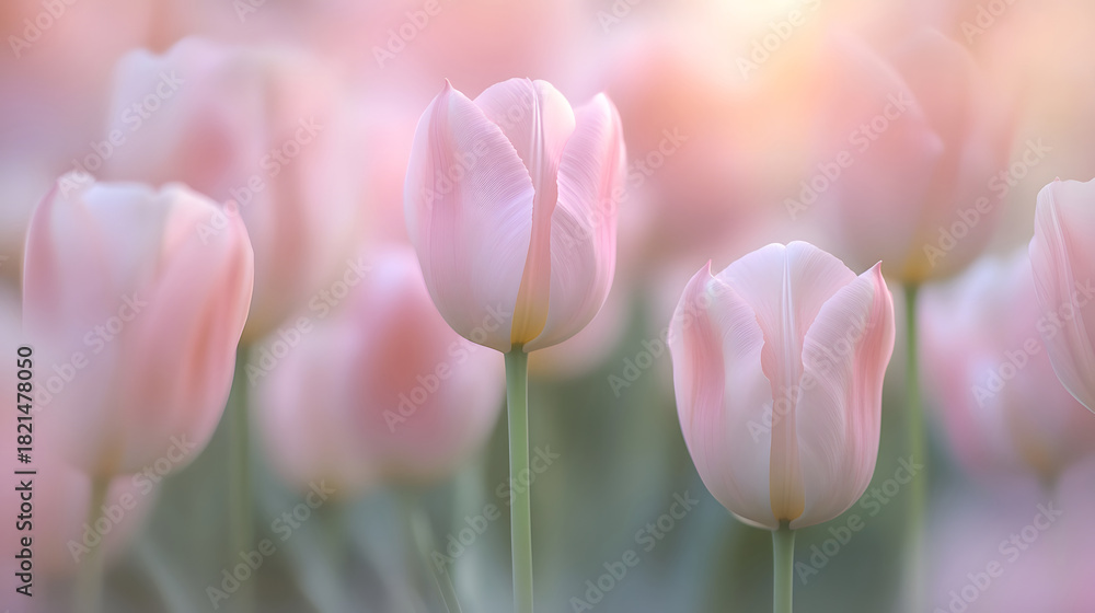 Fototapeta premium Soft Pink Tulips in a Blurred Garden Setting