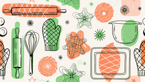 Delightful baking themed pattern with rolling pins, oven mitts, and cookie cutters for culinary projects