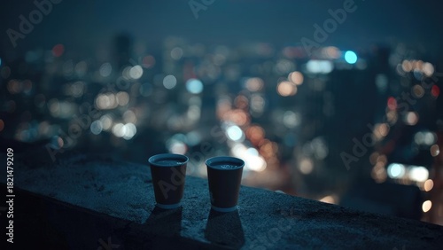 Two disposable coffee cups sit on a rooftop edge as city lights blur into bokeh in the night. Concept Rooftop night photography, City lights bokeh, Coffee cups on rooftop, Urban nightscape
