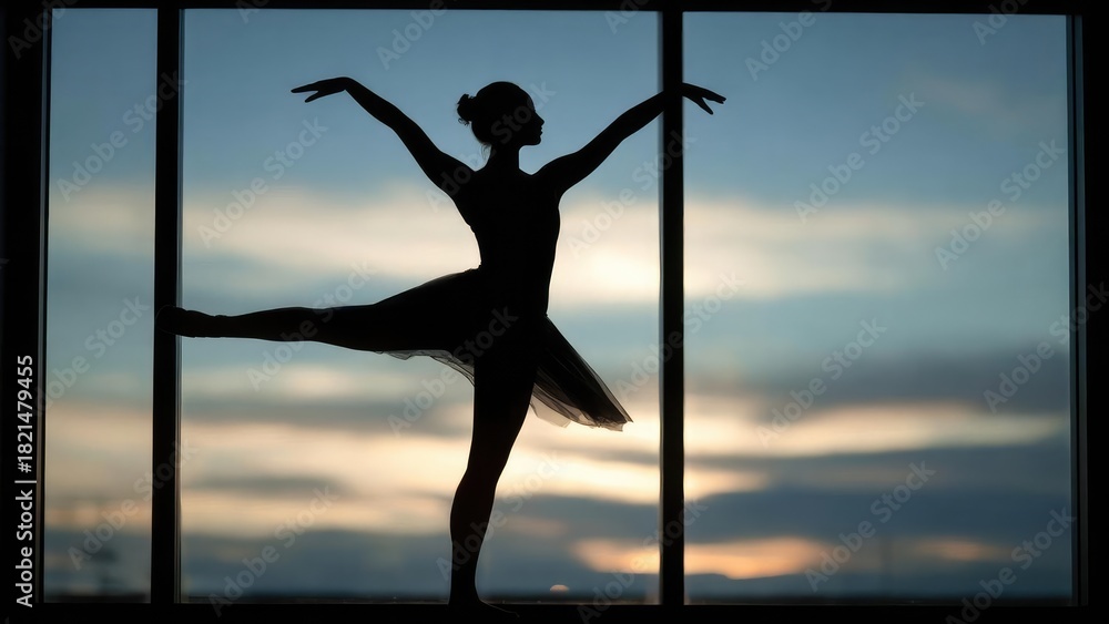 Naklejka premium Silhouette of a ballet dancer in an arabesque pose by a window at sunset. Concept Ballet silhouette in arabesque at a sunlit window, Sunset backlighting through the window