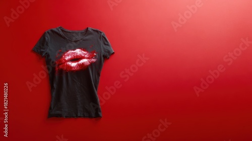 A trendy black t-shirt featuring a vibrant lip print sits against a bright red background, combining fashion and art in an expression of personality and boldness.