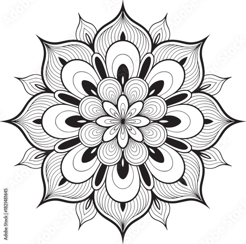 Intricate black and white mandala flower design isolated on for spiritual or meditative use