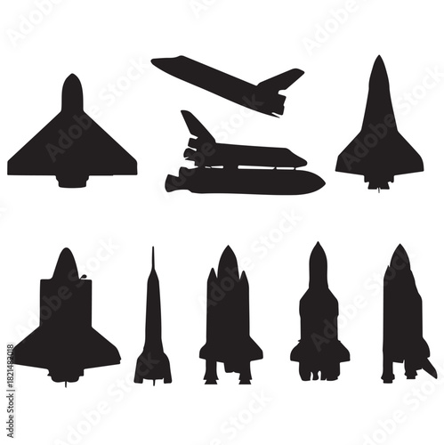  Set of silhouettes of space rockets on a white background