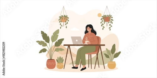 Smiling woman working at desk with laptop and coffee in a bright office A minimalist nature-inspired illustration featuring organic shapes, soft earthy tones, and calm botanical elements. Perfect for 