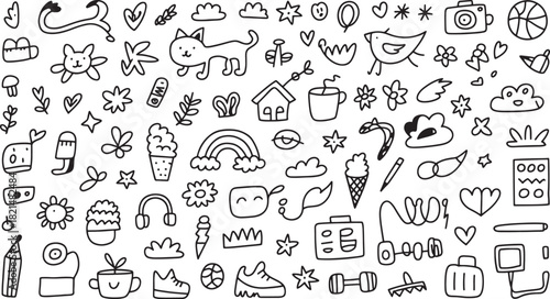 Collection of cute hand drawn doodle icons representing various objects like animal, food, nature, and travel isolated on