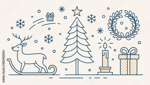 Elegant Christmas holiday elements with reindeer, tree, snowflakes, and candle in a linear style for festive design