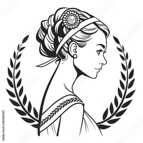 Elegant woman profile with laurel wreath and floral hair ornament