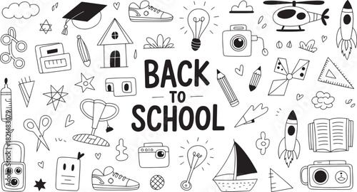 Black and white doodle set of various school supply icons and objects for back to school concept isolated on