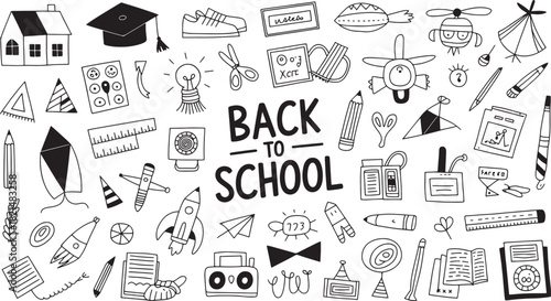 Collection of hand drawn doodle icons related to education and school supplies isolated on
