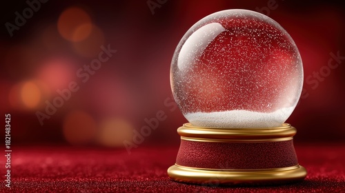 Fototapeta Naklejka Na Ścianę i Meble -  Christmas snow globe with swirling snow on a red festive background. Elegant holiday banner with copy space for text, greeting card, promotions, and seasonal designs