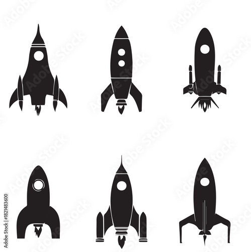  Vintage Retro Sci-Fi Rocket Silhouette Vector Collection isolated on plain white background