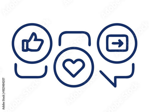 Like, comment, and share icon in line design. Love, speech bubble, and arrow repost outline sign symbol illustration


