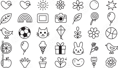 Collection of cute handdrawn doodle icons featuring nature, food, toys, and abstract shapes isolated on